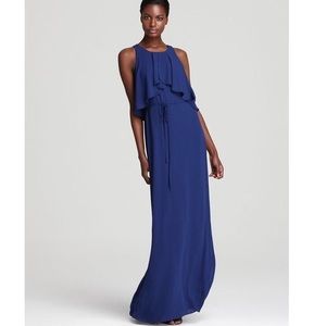 Bcbg Max Azria Blue Chiffon Open Back Maxi Dress Gown Size XXS Tie Waist